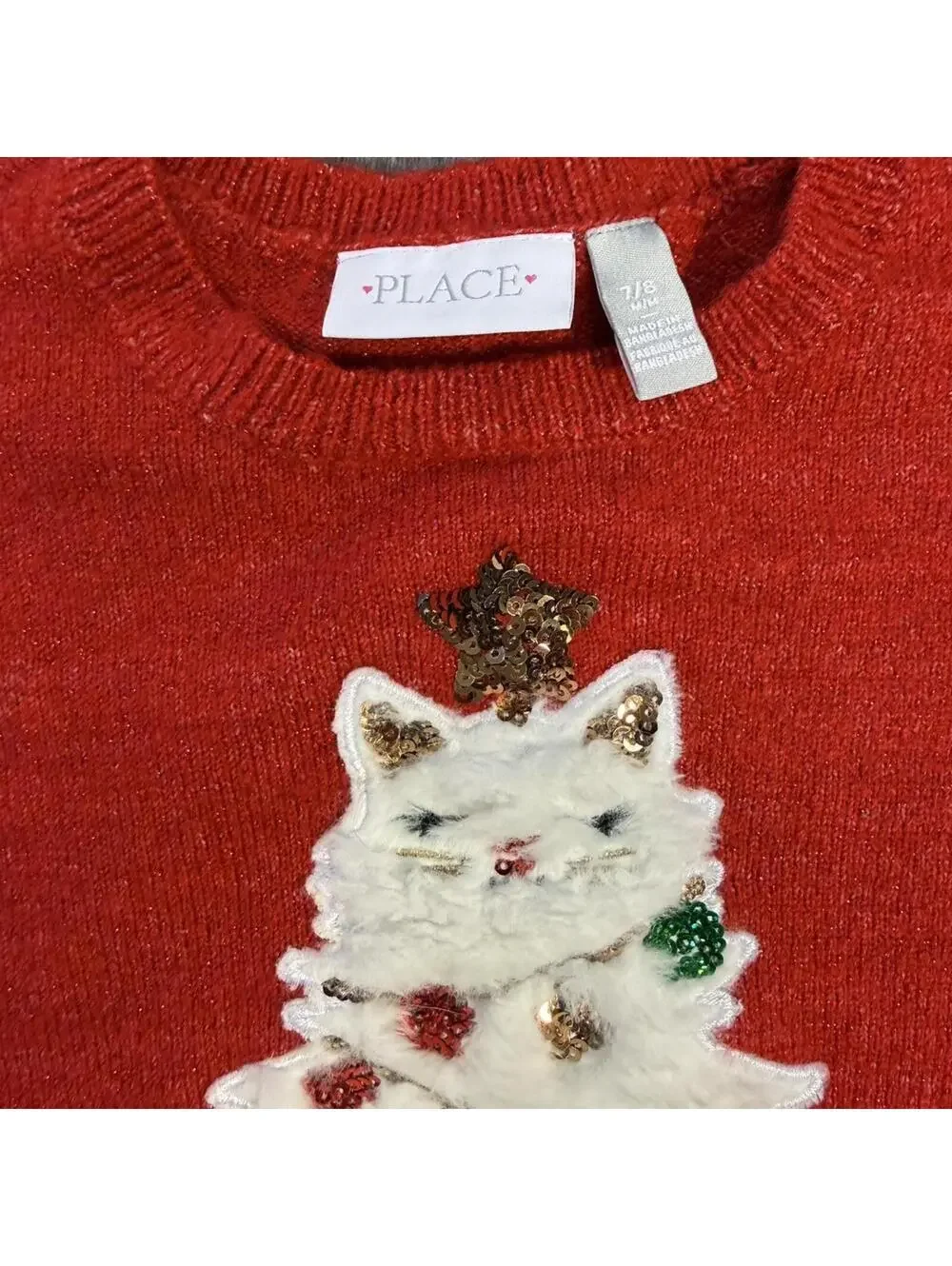 The Children's Place Red Cat Christmas Tree Sweater Knit Holiday Size 11/12